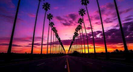Palm tree lined road at sunset with vibrant purple and orange sky