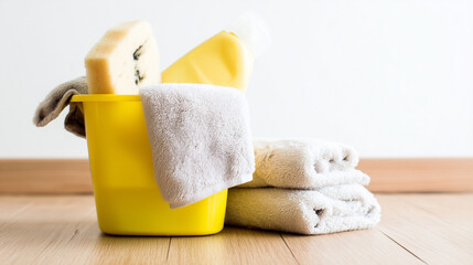 Yellow cleaning bucket with sponges, towels, and detergent placed on a wooden floor against a white wall.