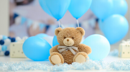 Cute teddy bear with a bow sitting in front of blue balloons and party decorations for a baby celebration.