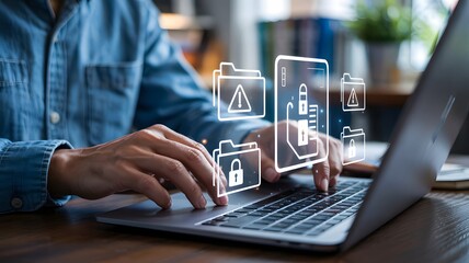 Person Typing on Laptop with Digital Folder Security Icons data files