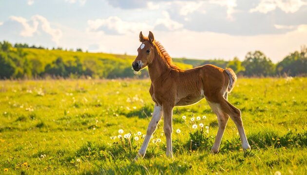 A young foal strolls across a vibrant green meadow bathed in golden sunlight.