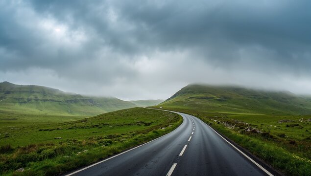 Long winding road cutting through lush green countryside under a moody cloudy sky
