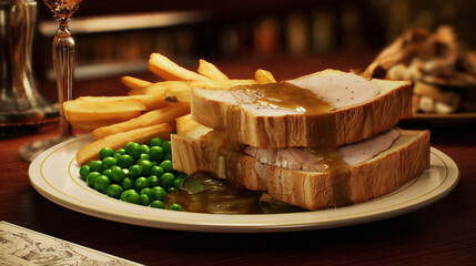 Classic hot turkey sandwich with gravy, fries, and peas served on a plate in a cozy restaurant setting.