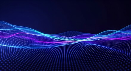 Abstract digital landscape with glowing blue and purple light waves and a grid of tiny dots creating a futuristic and technological background