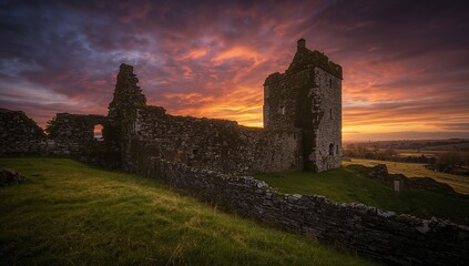 Ancient stone castle ruins glowing under fiery orange sunset sky on green hilltop