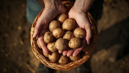 Hands holding freshly harvested potatoes showing rustic farming tradition and natural produce