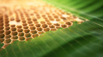 Close-up of natural honeycomb structure placed on a vibrant green leaf with warm sunlight.
