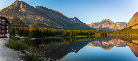 Crystal Clear Sunrise from Many Glacier Hotel on Swiftcurrent Lake, Many Glacier, Glacier National Park, Montana