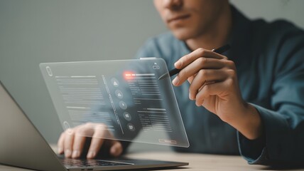 Person Using Stylus on Transparent Digital Interface with Laptop technology photo