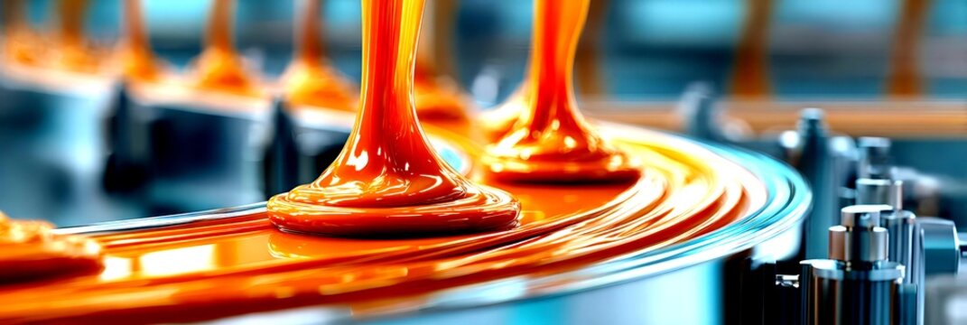 Liquid caramel flows smoothly on a conveyor belt in a factory setting during the production process - High Contrast