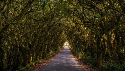 Peaceful tree tunnel road covered with dense green canopy leading to bright horizon