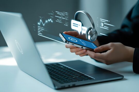 Smartphone with holographic charts and chat icons near laptop mobile phone hands
