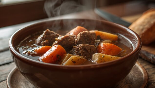 Bowl of steaming hot stew with meat and vegetables served as traditional hearty meal