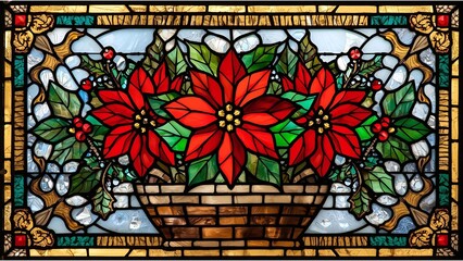 Stained glass red Poinsettia flowers Christmas illustration 