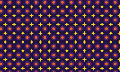 Stars with circles and rounds geometric pattern. Abstract vector retro seamless ornament for textile, fabric, interior, ceramic, wallpaper, paper decoration, background, cover