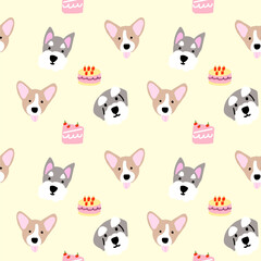 Fototapeta premium Seamless pattern with cute cartoon Schnauzer and Welsh Corgi dogs celebrating with birthday cakes on a light yellow background