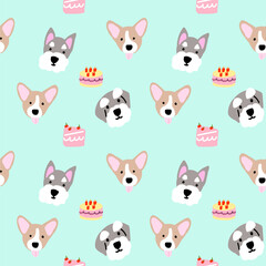 Fototapeta premium Seamless pattern with cute cartoon Schnauzer and Welsh Corgi dogs celebrating with birthday cakes on a mint green background