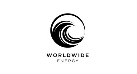 Abstract black vector logo depicting a dynamic wave or energy swirl, ideal for branding a worldwide power or renewable resource corporation