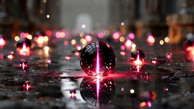 A central, reflective, dark sphere with glowing pink light emanates from within, surrounded by smaller, similar objects