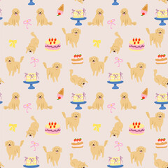 Seamless Pattern with Golden Retriever Dogs and Birthday Cakes – Cute Puppy Celebration Illustration on Pink and beige Background 