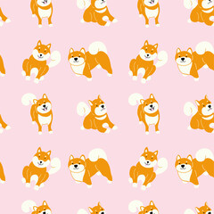 Seamless Pattern with Shiba Inu Dogs – Cute Orange Puppy Illustration on Blue and Pink Background