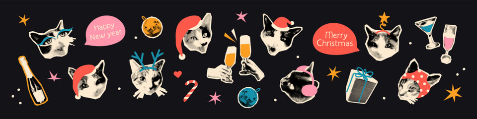 Christmas and New year halftone art collage cut outs set. Stickers with vintage dotted texture and doodles, cheers, champagne, cat heads with Santa hats. Modern retro mixed media vector illustration © ugguggu