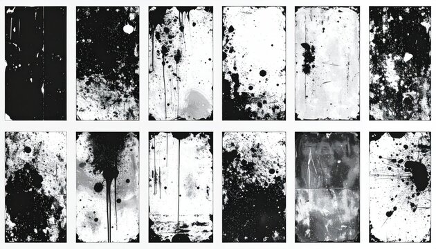 Collection of distressed abstract frames in black and white for design versatility