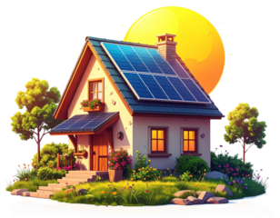 House with solar panel and sun icon illustration .ai generative, tr 