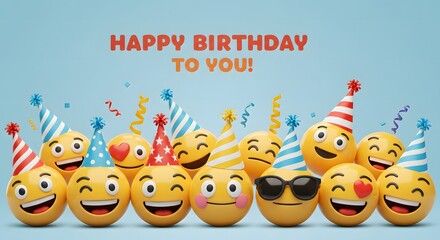 Happy Birthday Celebration with Cheerful Emojis and Party Decorations
