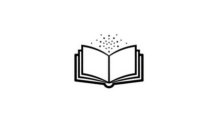 Minimalist black line art illustration of an open book with ethereal glowing particles, symbolizing intellectual growth, education, and the magic of reading and discovery