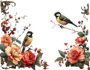 Vintage floral frame with two birds on branches