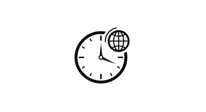 Minimalist black vector logo of a clock with a globe symbolizing time zones or global time management