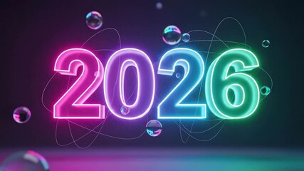 Colorful Neon 2026 Sign with Shiny Bubbles on a Dark Background for Festive Celebrations and Creative Events