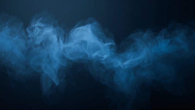 Wisps of blue smoke swirling softly in dark black background atmosphere