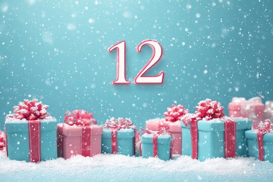 Festive holiday gifts sparkle under gently falling snow, counting down to Christmas with the number twelve.