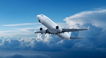 Naklejka premium Sleek White Passenger Jet Climbing Through Dramatic Cloudy Blue Sky