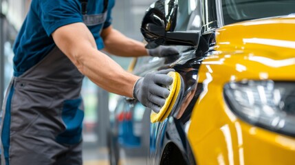 Automotive body repair specialist polishing car hood with electric buffer, reflective paint surface.