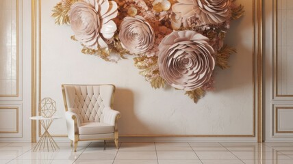 Elegant armchair in a luxurious room with floral wall art
