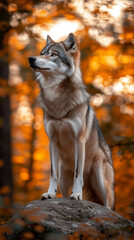 Naklejka premium A beautiful gray wolf sits proudly on a large rock in a vibrant autumn forest, looking keenly into the distance during sunset.