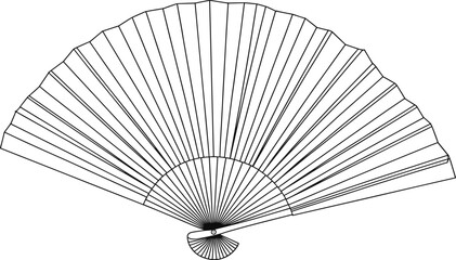Traditional folding hand fan illustration, black and white oriental fan drawing, vintage paper fan line art, cultural decorative accessory design