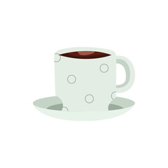 Cup of hot chocolate on a white saucer decorated with dots placed on a minimalist background during winter months