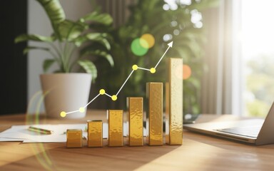 Golden Rise: A golden graph and a white laptop resting on the wooden desk, plants adds an additional touch of beauty and symbolism to this image, depicting growth, success, and achievement.