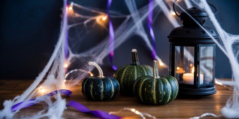 Haunted Halloween Scene: A spooky arrangement of miniature pumpkins, cobwebs, and a flickering lantern, set against a moody backdrop.