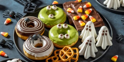 Spooky Sweets on Display: A delightful array of Halloween-themed treats adorn a platter, showcasing a festive fusion of sugary delight and eerie charm.