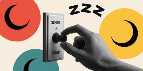 Scroll to Sleep: A conceptual illustration depicts a hand reaching for a scroll to sleep switch, highlighting the contrast between active screen time and the desire for rest and relaxation.