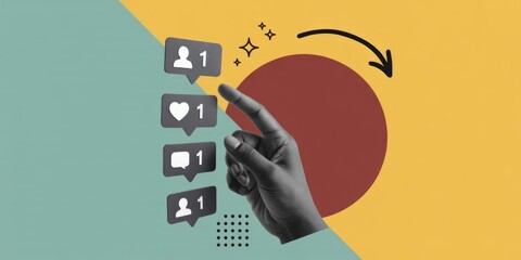 Digital Interaction: A hand interacts with social media notification icons, sparking a dynamic interplay of digital engagement, likes, comments and followers, creating a modern digital landscape.