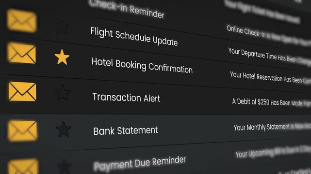 Flight and hotel booking emails inbox view scrolling video in 4k