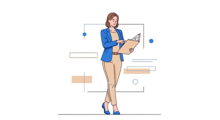 Fototapeta premium Illustration of a businesswoman analyzing data in a file with a modern and simple design
