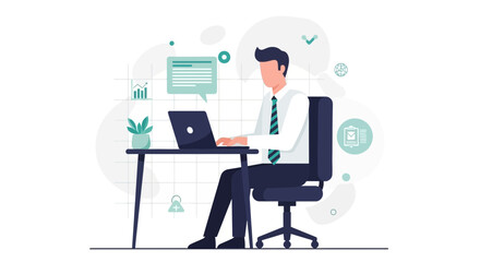 Illustration of a Businessman Working on a Laptop at His Office Desk in Minimal Style