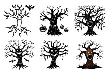 Spooky Halloween Scary Tree Silhouettes with Evil Faces – Vector Illustration Set
